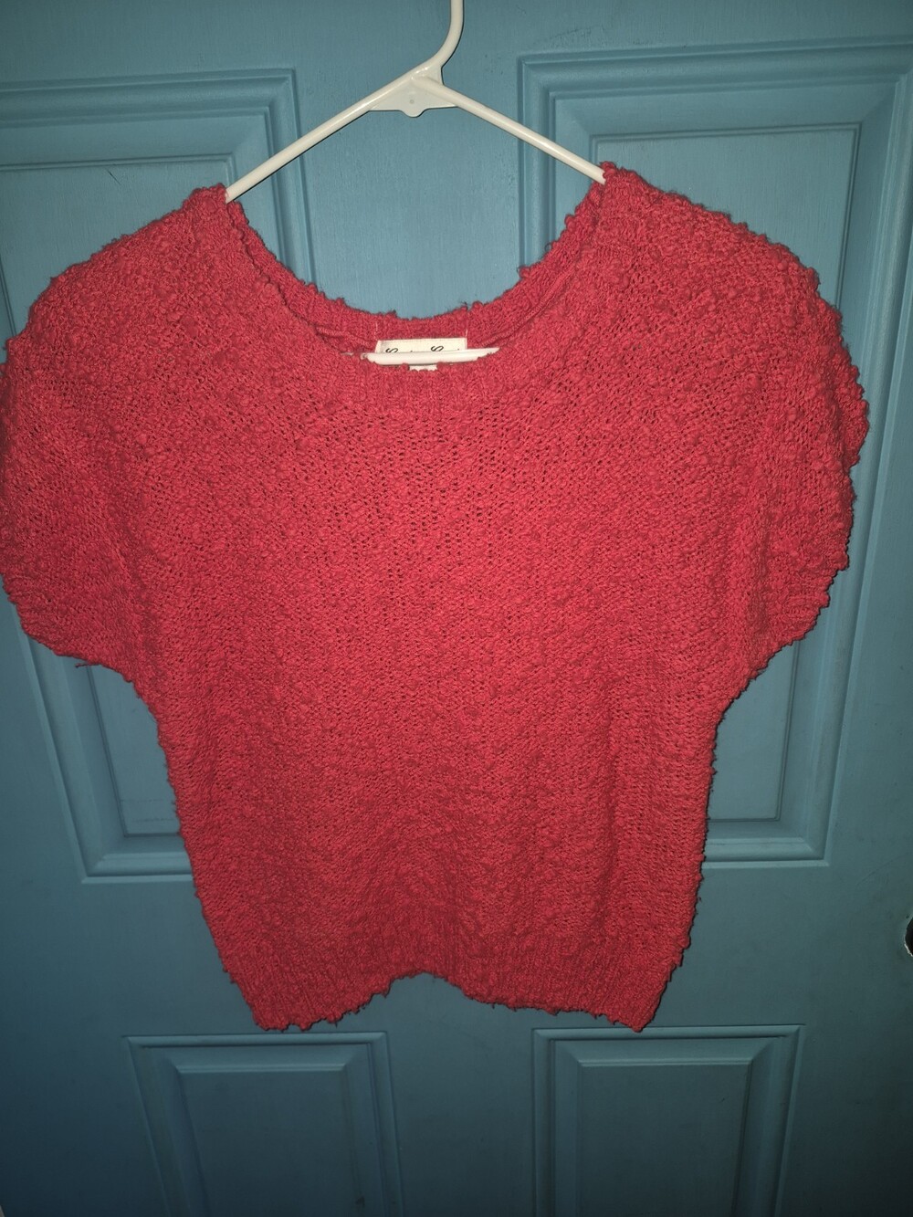 Carriage Court Red Popcorn Textured Knit Short Sleeved Scoop Neck Sweater Womens